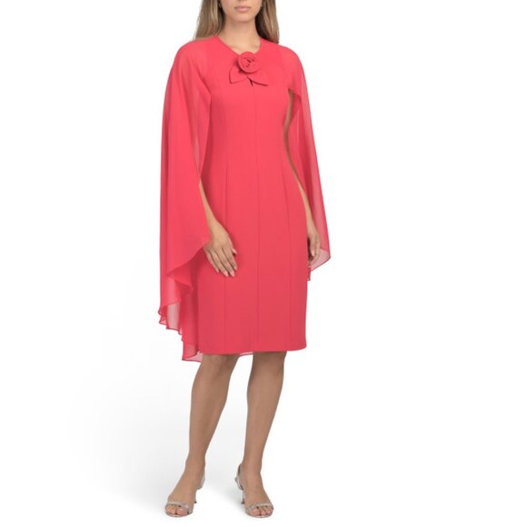 TERI JON Coral Crepe Chiffon Flyaway Cape Sleeve Flower Mini Dress - Picture 1 of 2